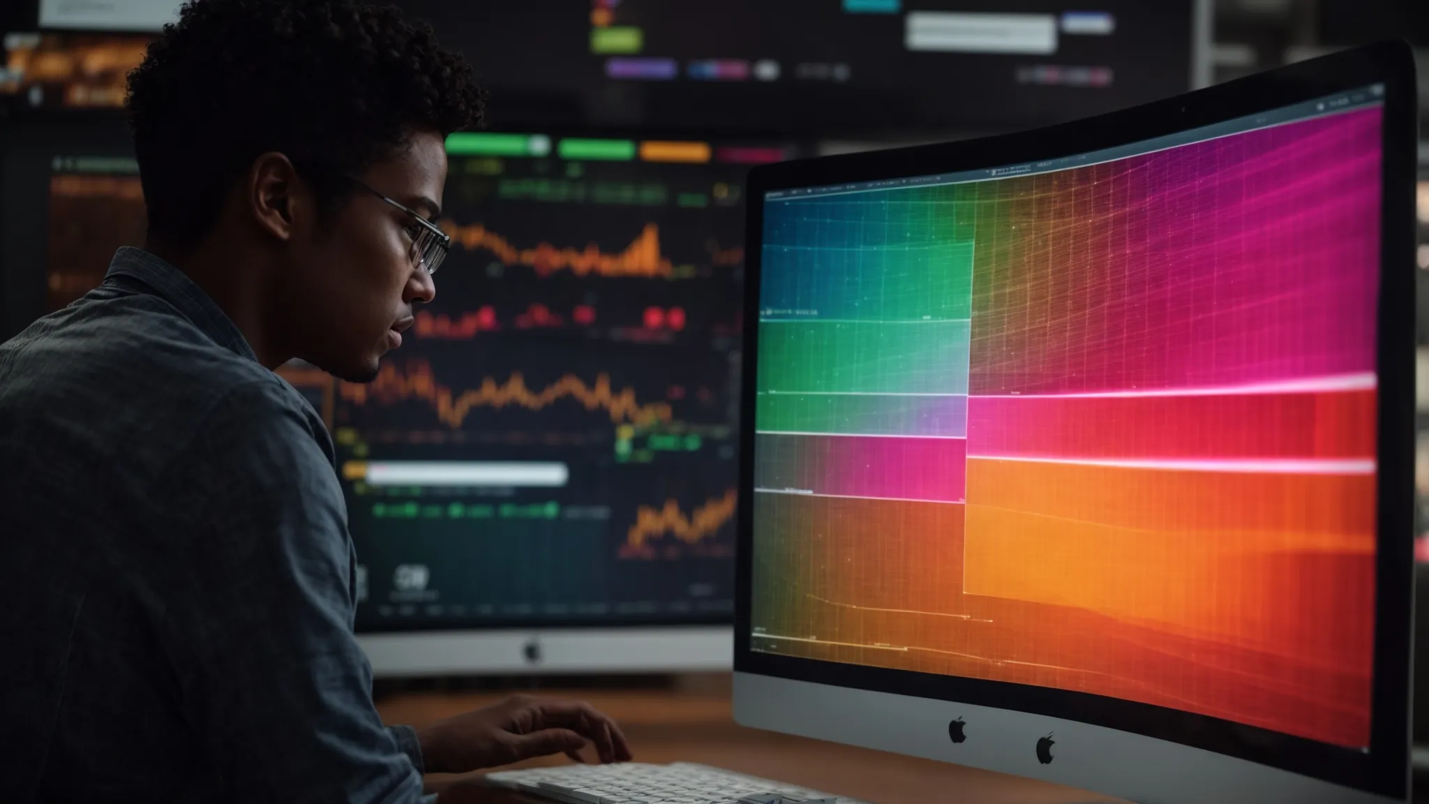 A person reviewing colorful website heat maps on a computer screen