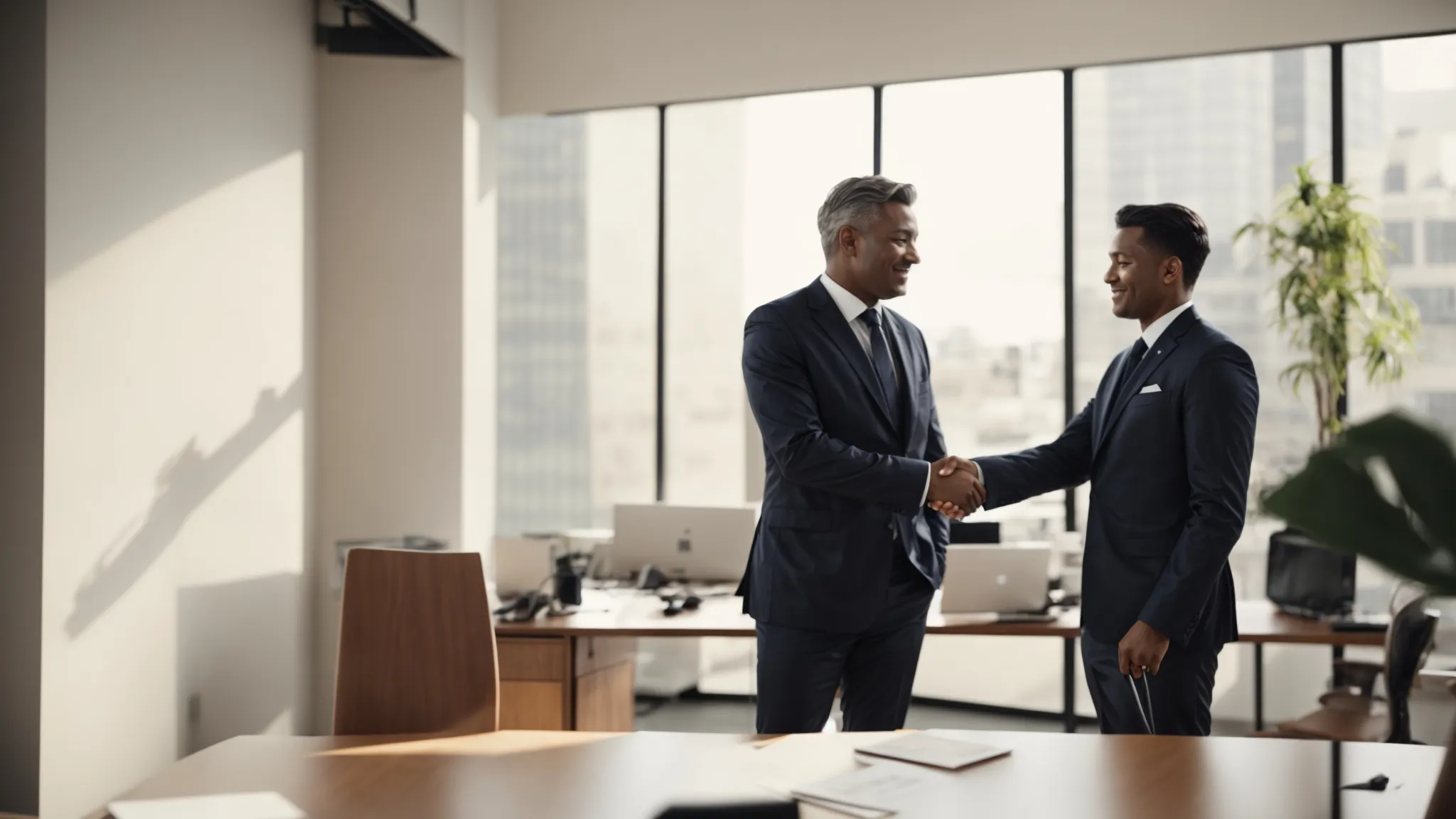 Professionals shaking hands over a desk